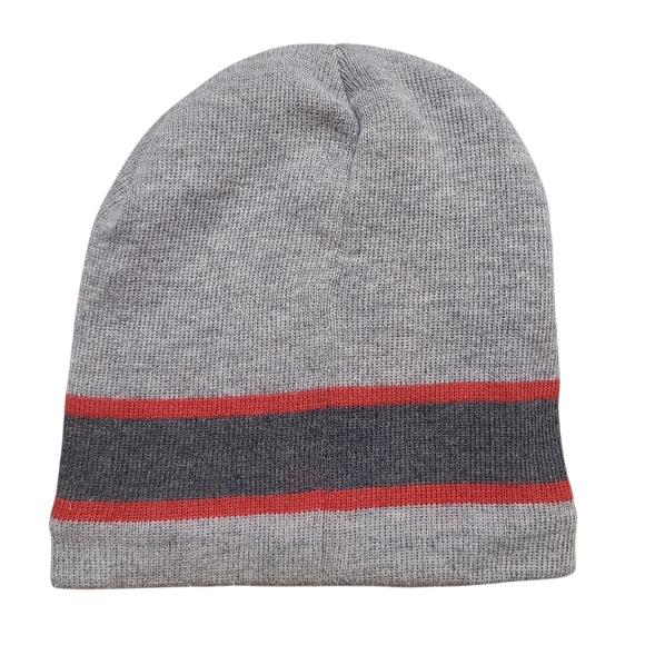 Snap-on Gray Knit Beanie Hat with Fleece Lining | Red Stripe | One Size - Picture 2 of 8